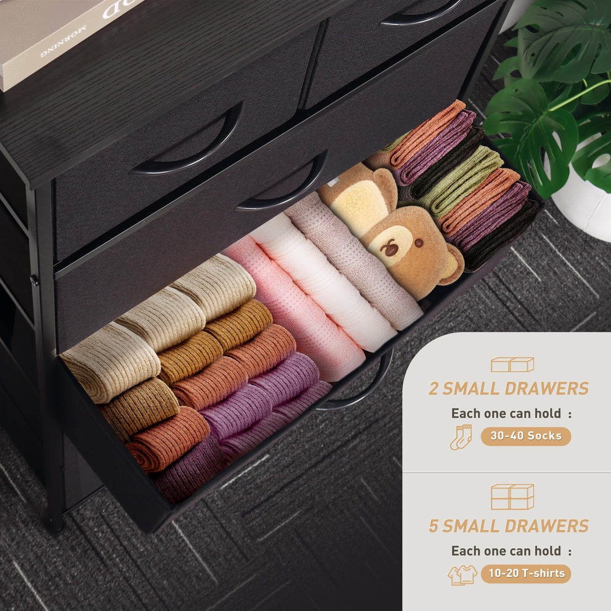 Black 7 Drawer Tall Dresser with Fabric Bins A55757