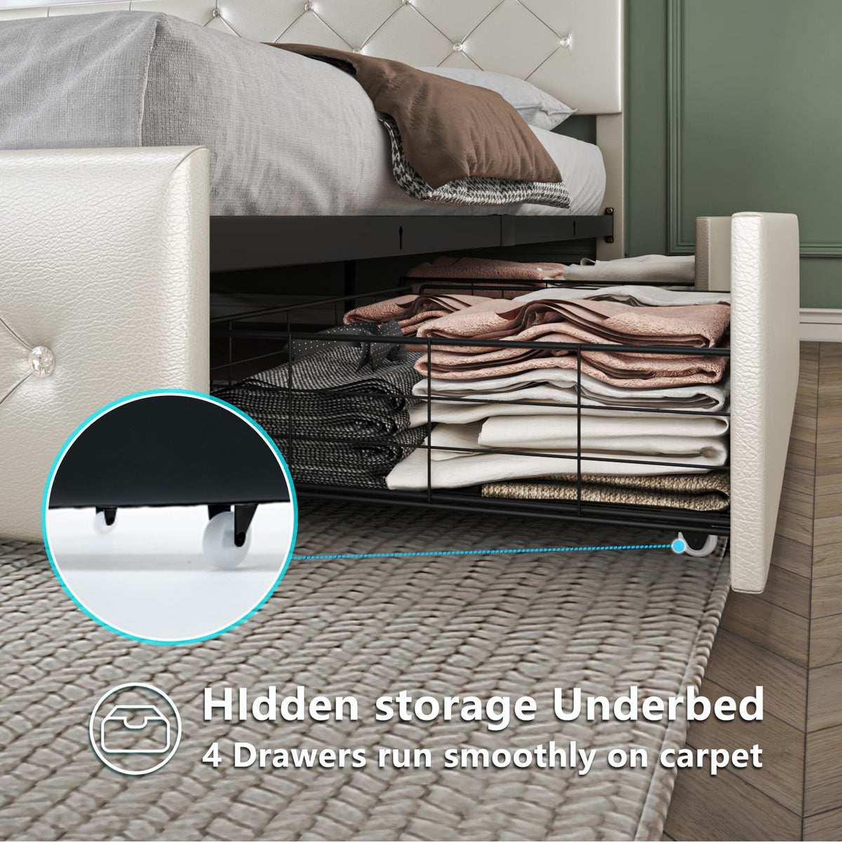 Full Size Bed Frame with LED Light and Storage Drawers Y473