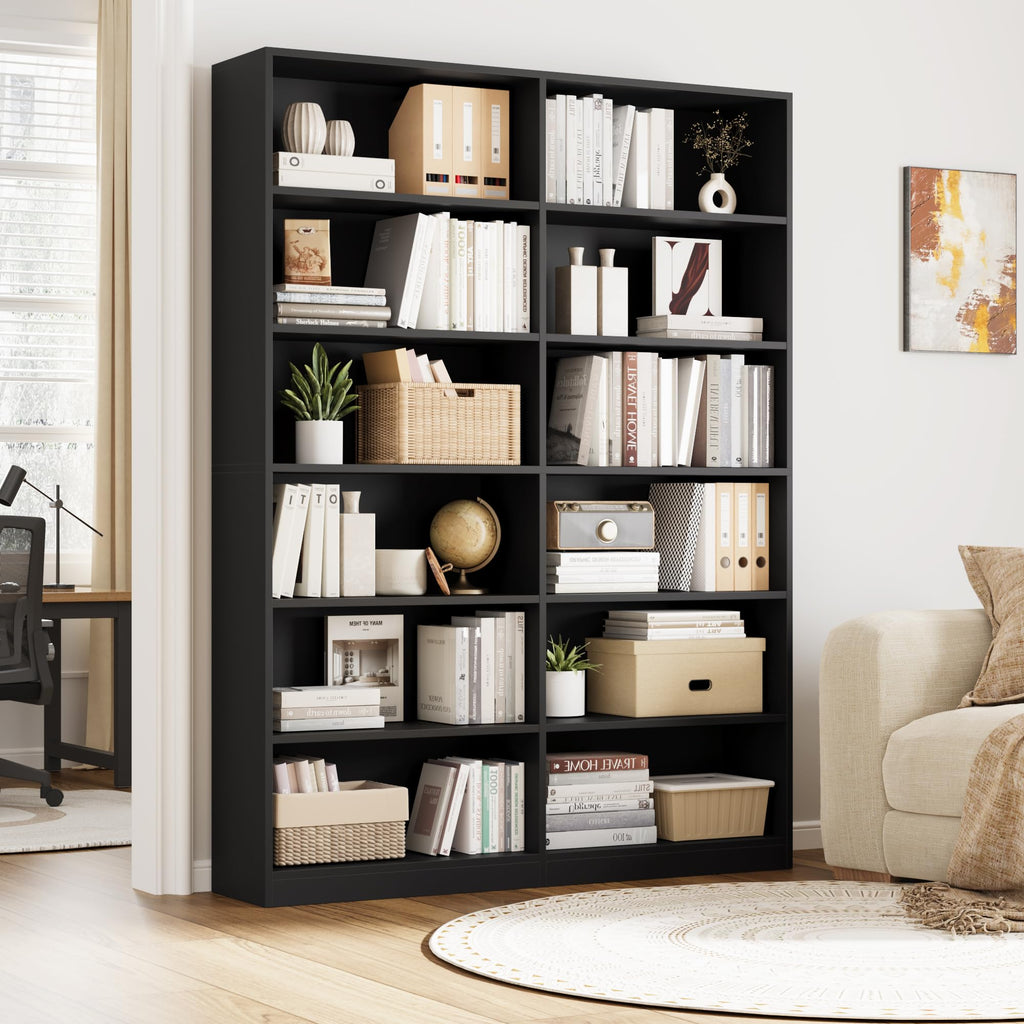Black 6-Tier Double Wide Bookshelf U896