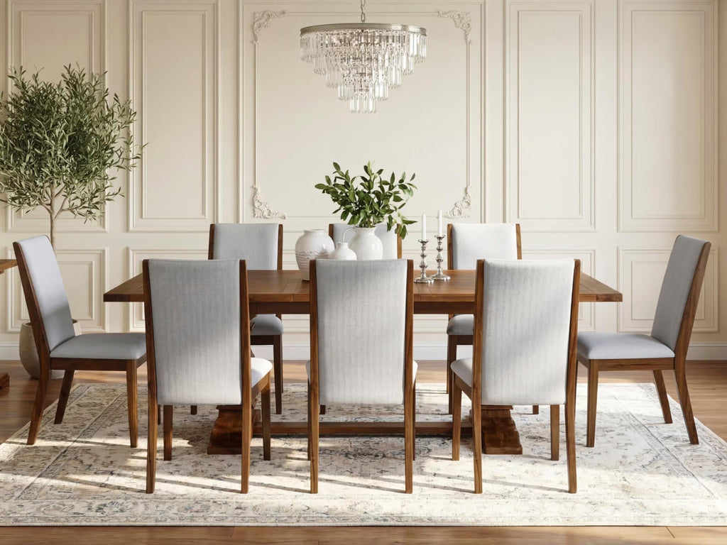 9 Piece Walnut Dining Room Set with 8 Grey Linen Chairs H804