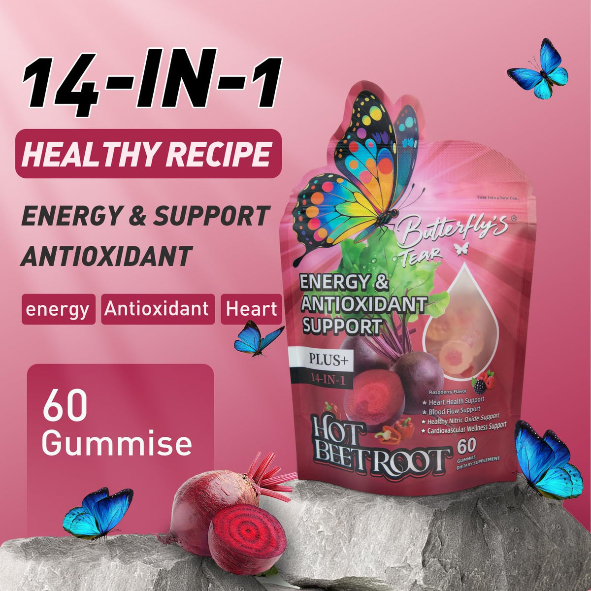 Beet Root Gummies with Vitamin D3, K2, E, Grape Seed & Hawthorn, Sugar Free, 60 Count (Pack of 3) I4129