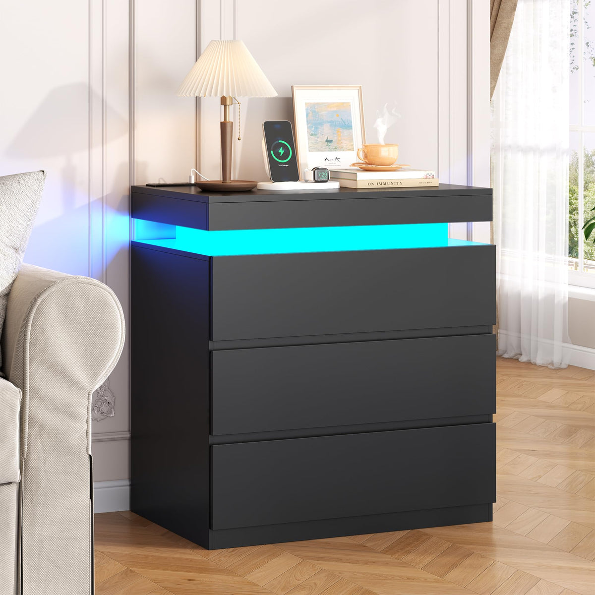 Nightstand with Charging Station, LED Lights, 3 Storage Drawers E413446