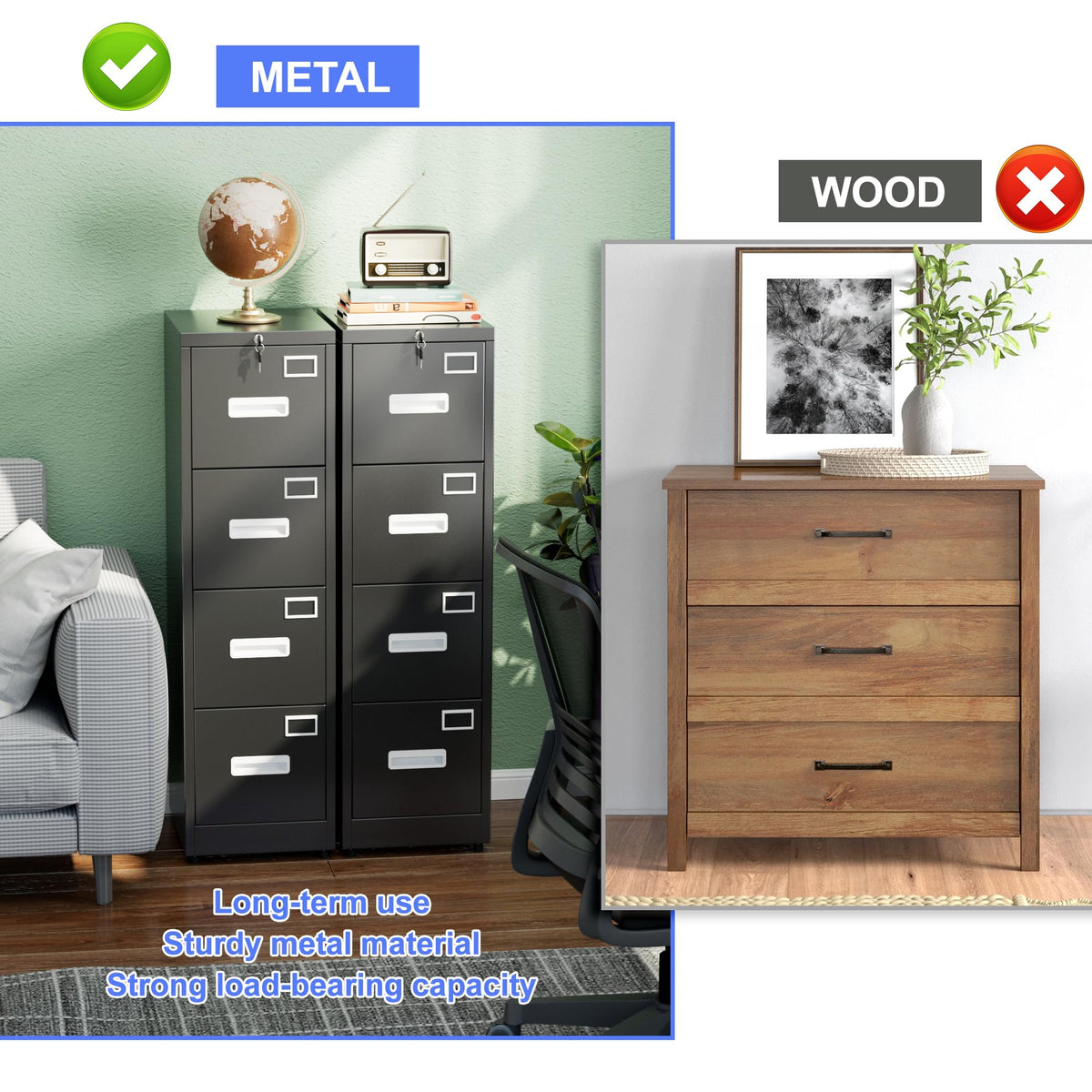 Black 4-Drawer Metal File Cabinet with Lock G116