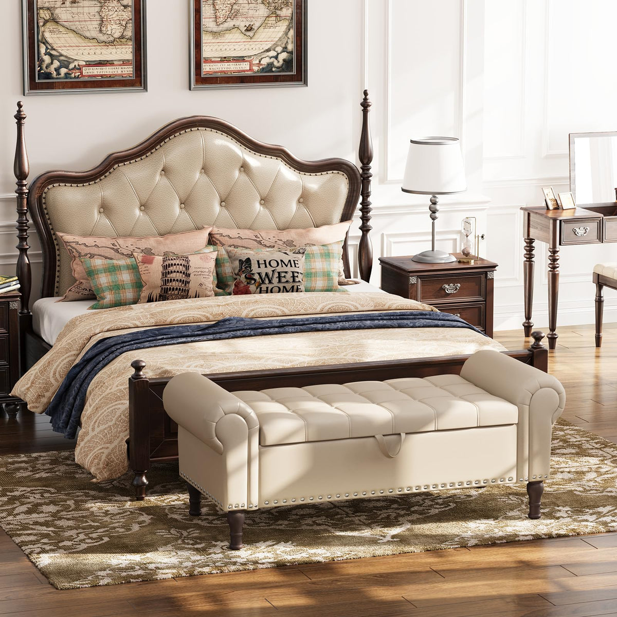 Beige Faux Leather Storage Bench with Rolled Arm X496