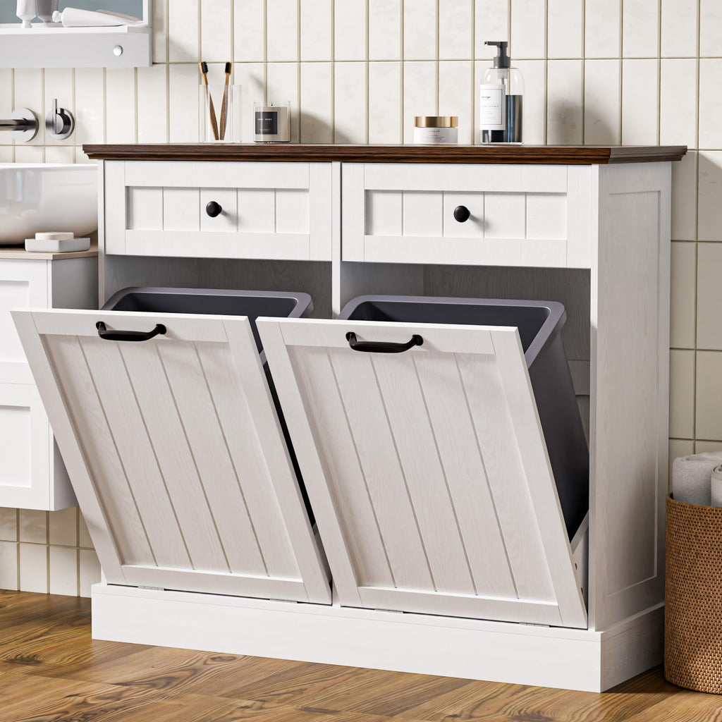 20 Gallons Tilt Out Trash Cabinet with Drawer, White G617947