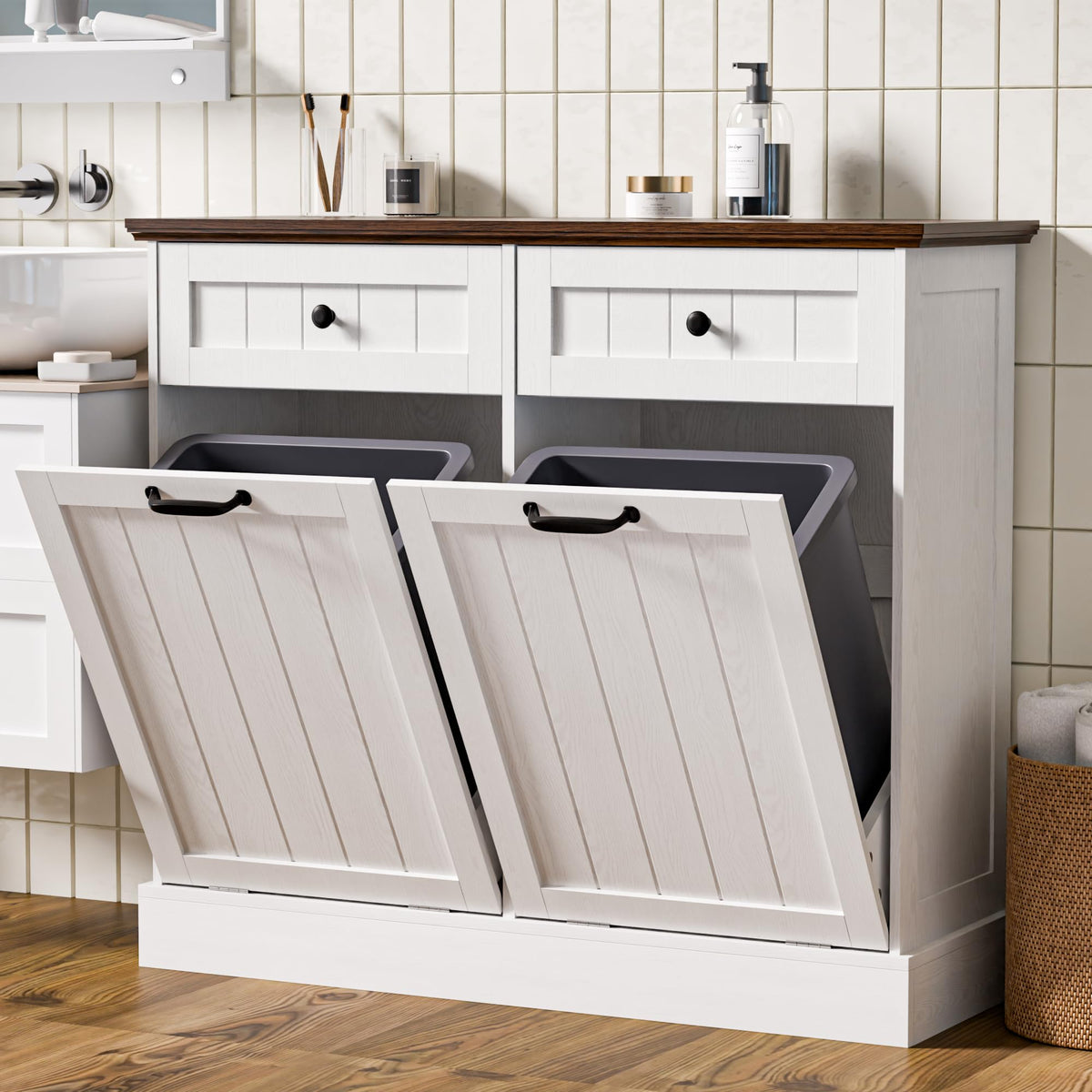 20 Gallons Tilt Out Trash Cabinet with Drawer, White G617947