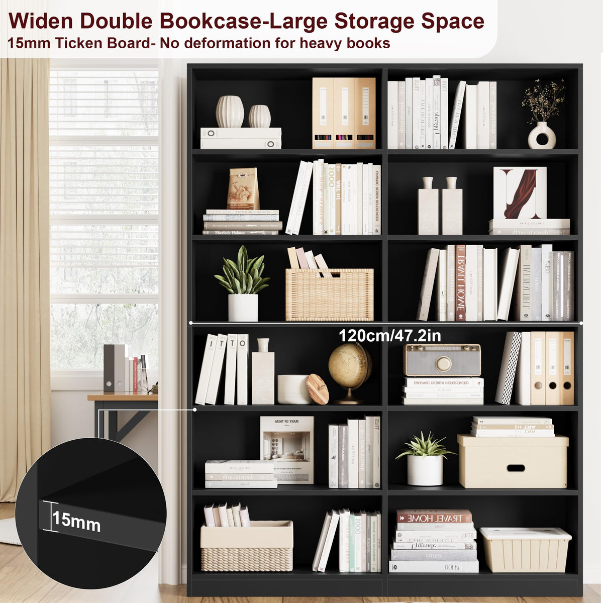 Black 6-Tier Double Wide Bookshelf U896