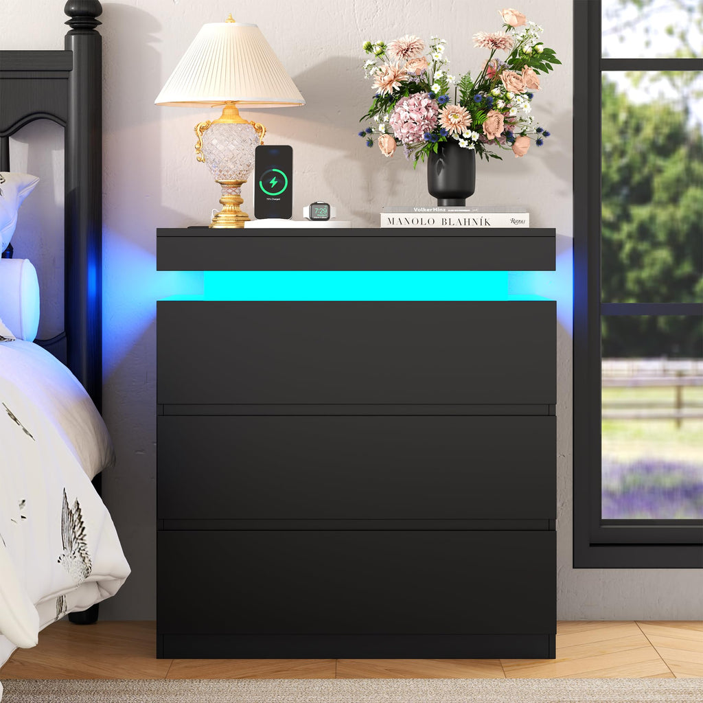 Nightstand with Charging Station, LED Lights, 3 Storage Drawers E413446