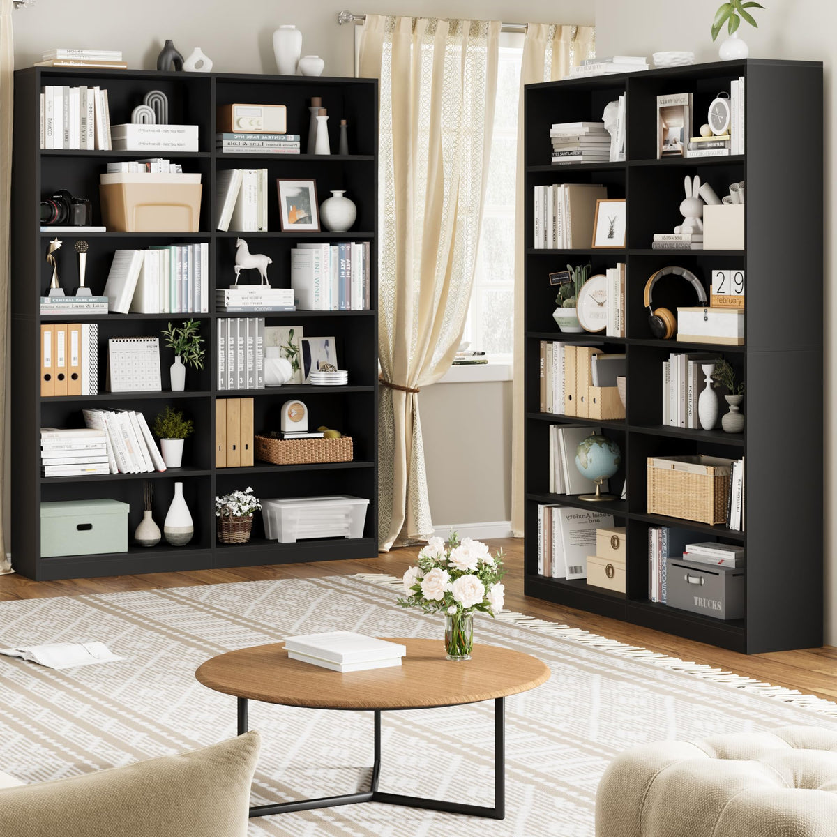 Black 6-Tier Double Wide Bookshelf U896