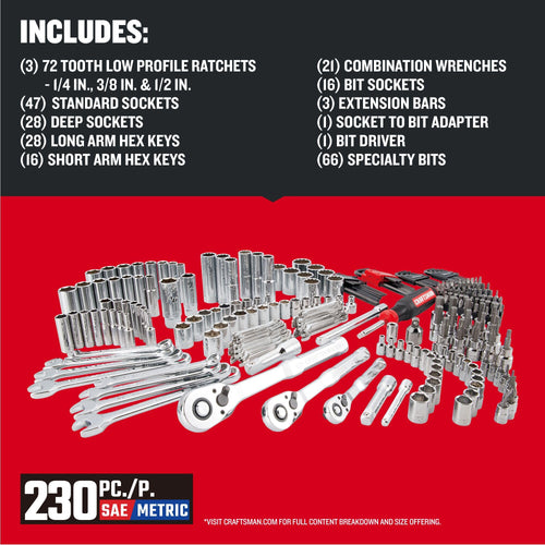 230 Pcs Mechanics Tool Set Socket Wrench Set with Toolbox A652001