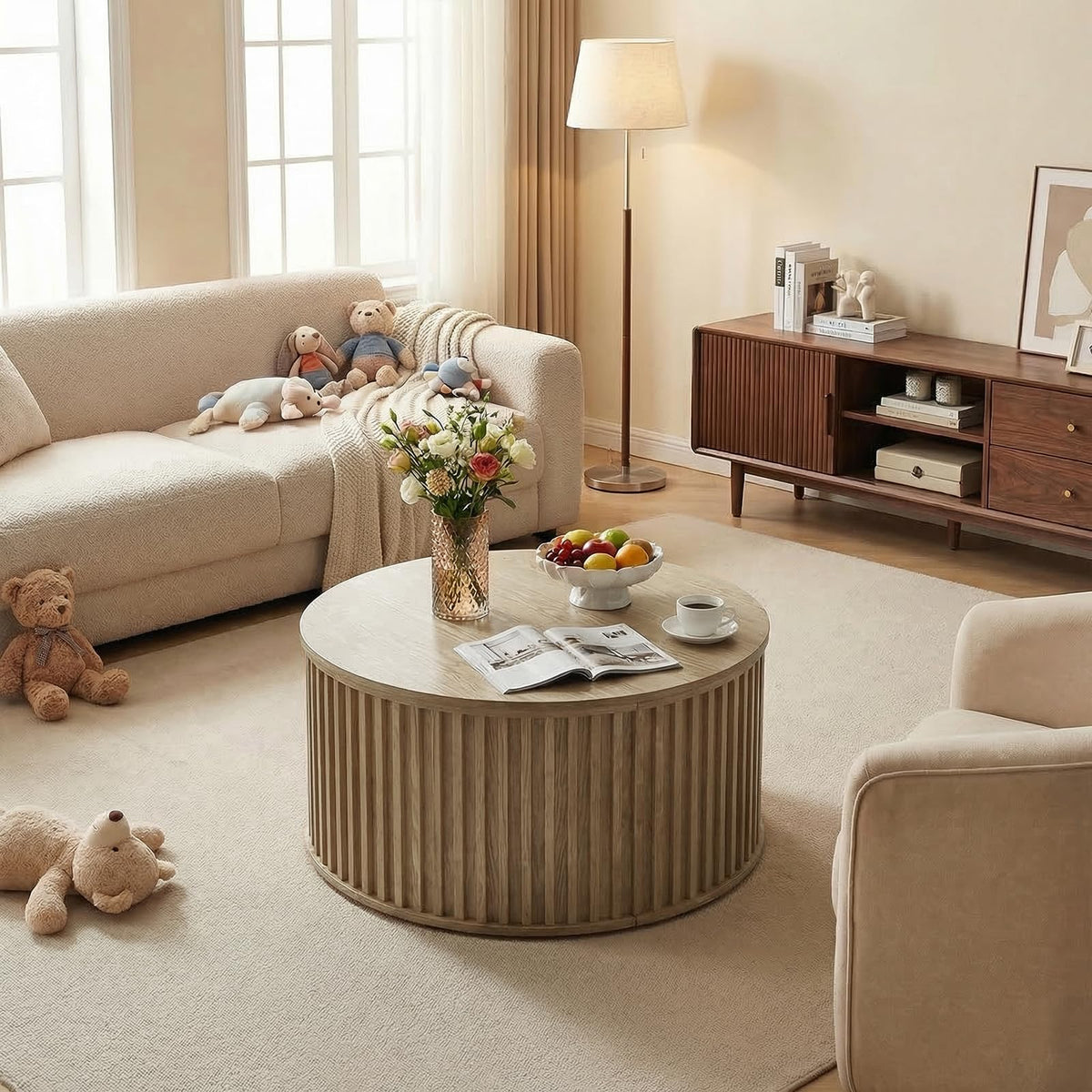 Round Coffee Table with Storage, 35.43" Fluted Center Table T436