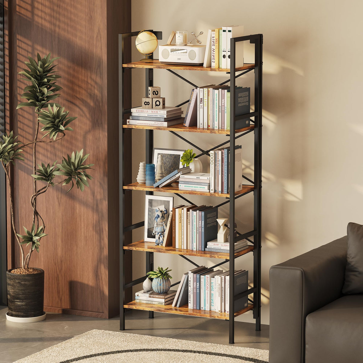 Folding 5 Tier Bookcase with X-Bracket Design M219