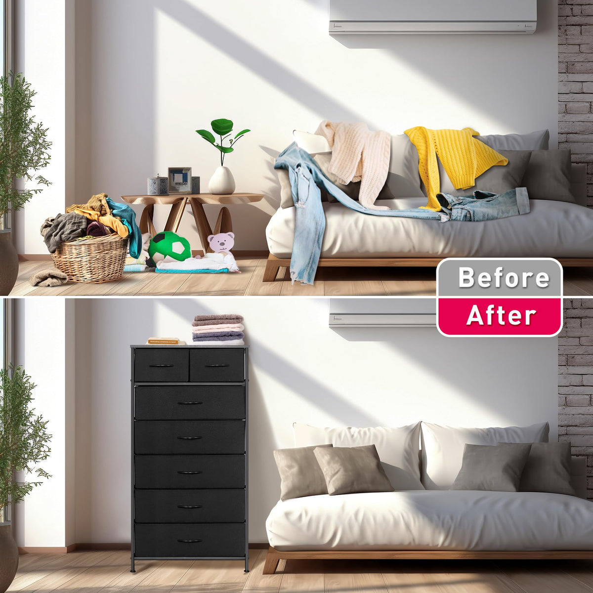 Black 7 Drawer Tall Dresser with Fabric Bins A55757
