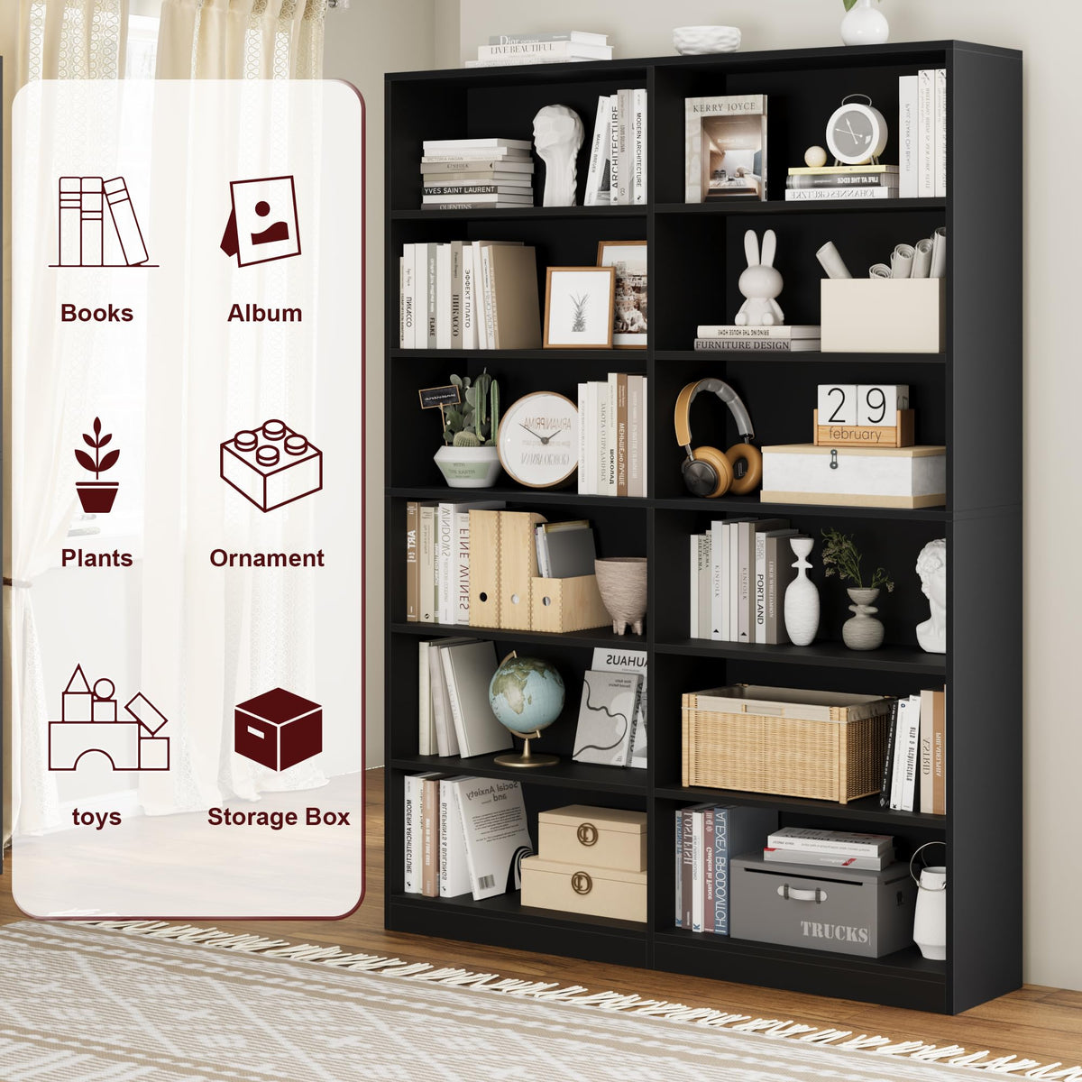 Black 6-Tier Double Wide Bookshelf U896
