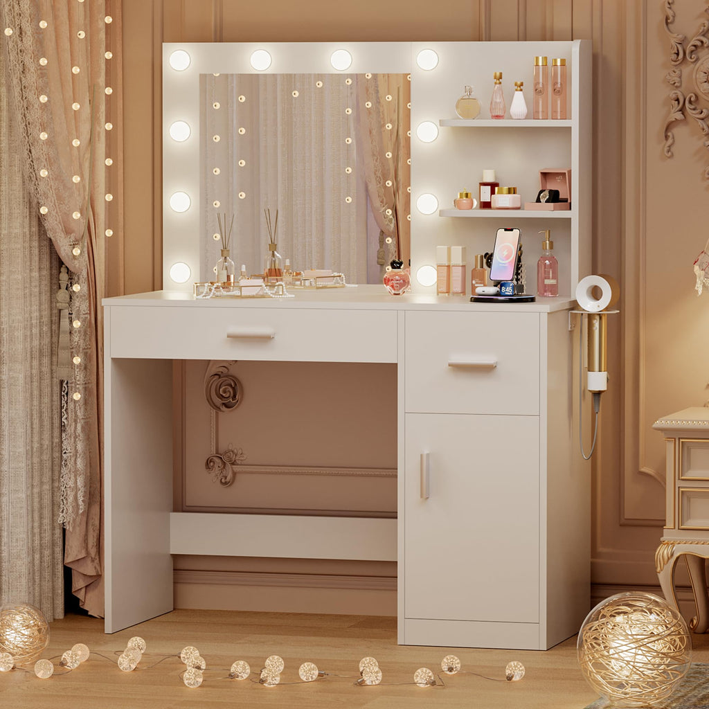 White Vanity Desk with Mirror & Charging Station B7866