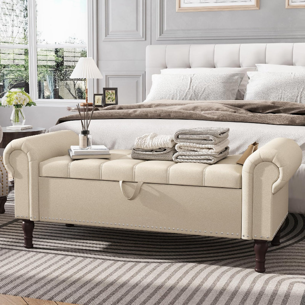 Beige Faux Leather Storage Bench with Rolled Arm X496