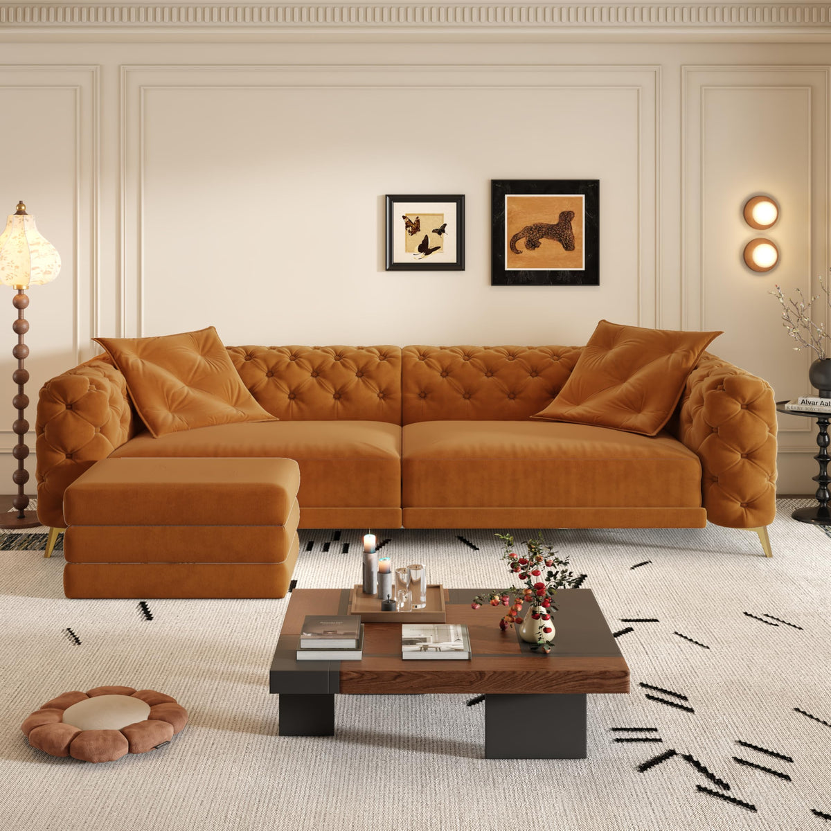 King Velvet Pull Out Sleeper Sofa with Ottoman E78438