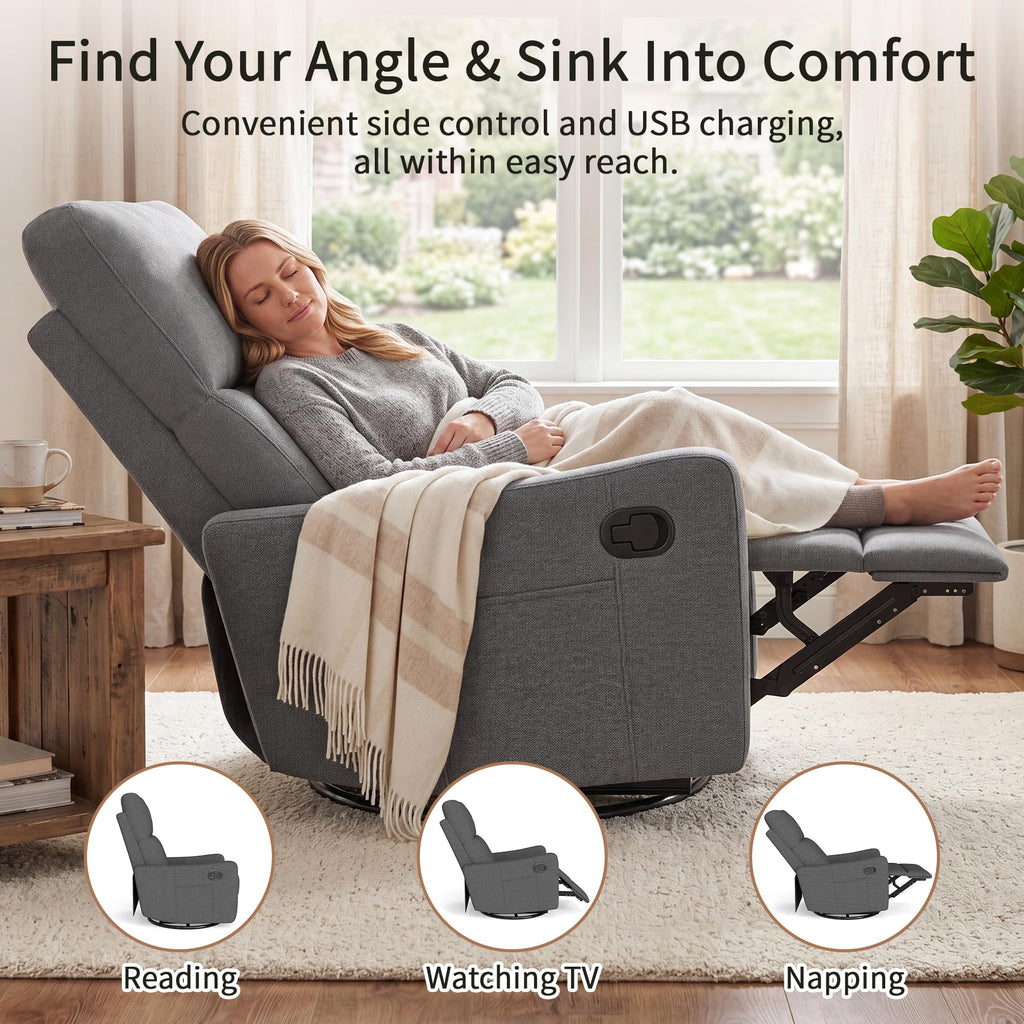 Dark Gray Swivel Rocker Recliner Chair T9177
